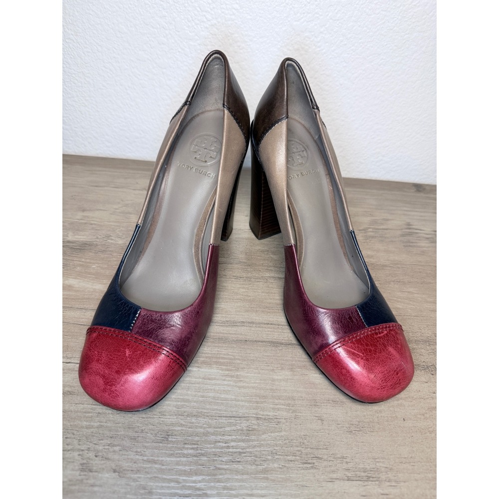 Tory Burch Karen Colorblock Leather Block Heel Pumps Red Navy Tan Size 8.5M